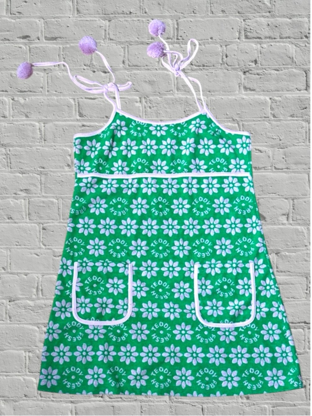 Teddy Fresh Green Pink Floral Dress Pom Pom Ties Large